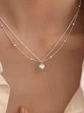 Delicate Silver Heart Layered Necklace Double Strand